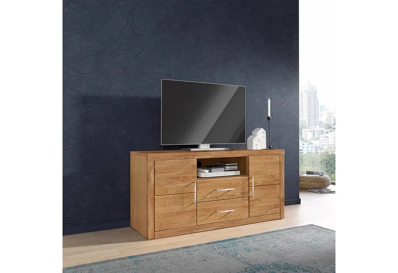 OTTO home Lowboard Logo,130cm breit, Fronten Massivholz,5 Fächer, Holz massiv, Holzwerkstoff, Metall Griffe,2 Türen,2 Schubladen, Braun, – Produktbild 5 von 9