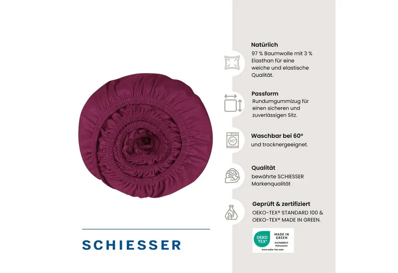 Schiesser Schiesser Spannbettlaken Elli aus weicher Baumwolle mit Elasthananteil für flexiblen Sitz, Jersey-Elasthan, Gummizug: rundum, (1 Stück), für hohe Matratzen und Boxspringbetten, OEKO-TEX® MADE IN GREEN, Rot, – Produktbild 3 von 5