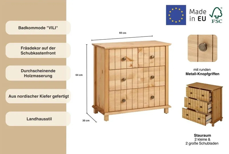 Home affaire Badkommode Vili, Badezimmerschrank, Unterschrank, 4 Schubladen, aus Massivholz, Beige, – Produktbild 3 von 5