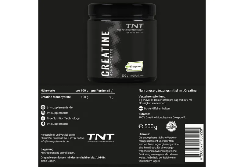 TNT (True Nutrition Technology) Creatine Monohydrate Creapure® Pulver, 500 g – Produktbild 4 von 5