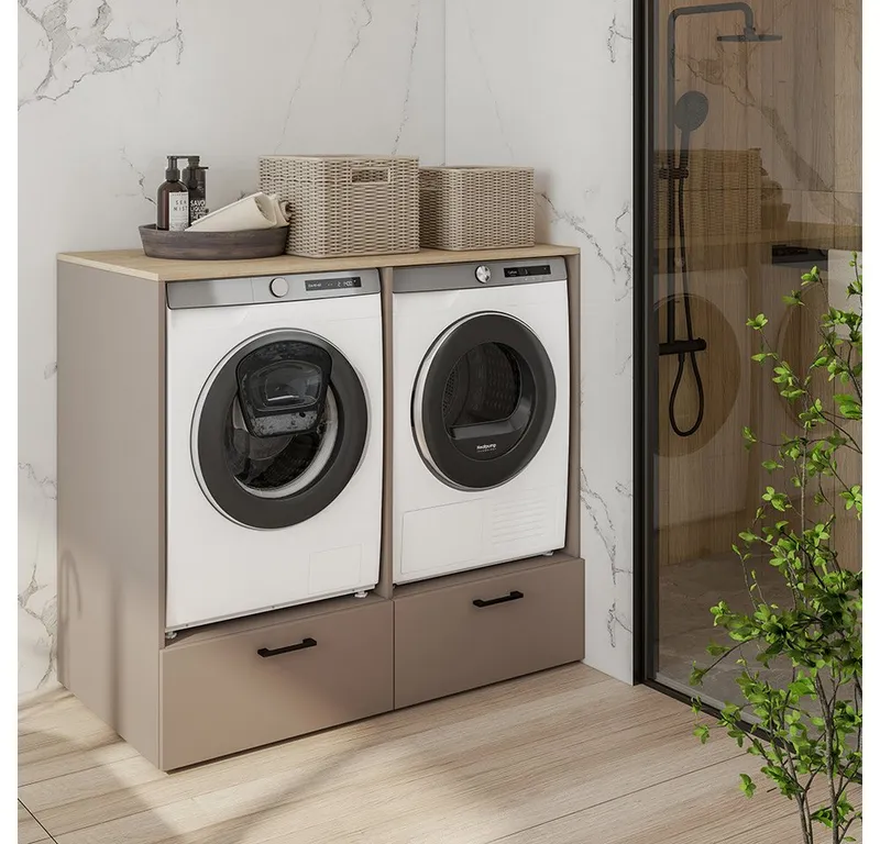 Lomadox Umbauschrank RISAN-83 beige greige Eiche Dekor 132 cm breit modern Metallgriffe Schubladen, Beige|braun, – Produktbild 4 von 5