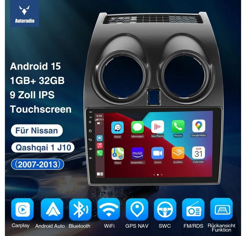 ESSGOO DAB+ Carplay Für Nissan Qashqai J10 2007-2015 GPS Navi Android 15 RDS Autoradio (4+64GB(optional), FM, AM, DAB+ (optional), Carplay Android Auto Bluetooth EQ USB GPS Navi WIFI Touchscreen), Schwarz, – Produktbild 3 von 5