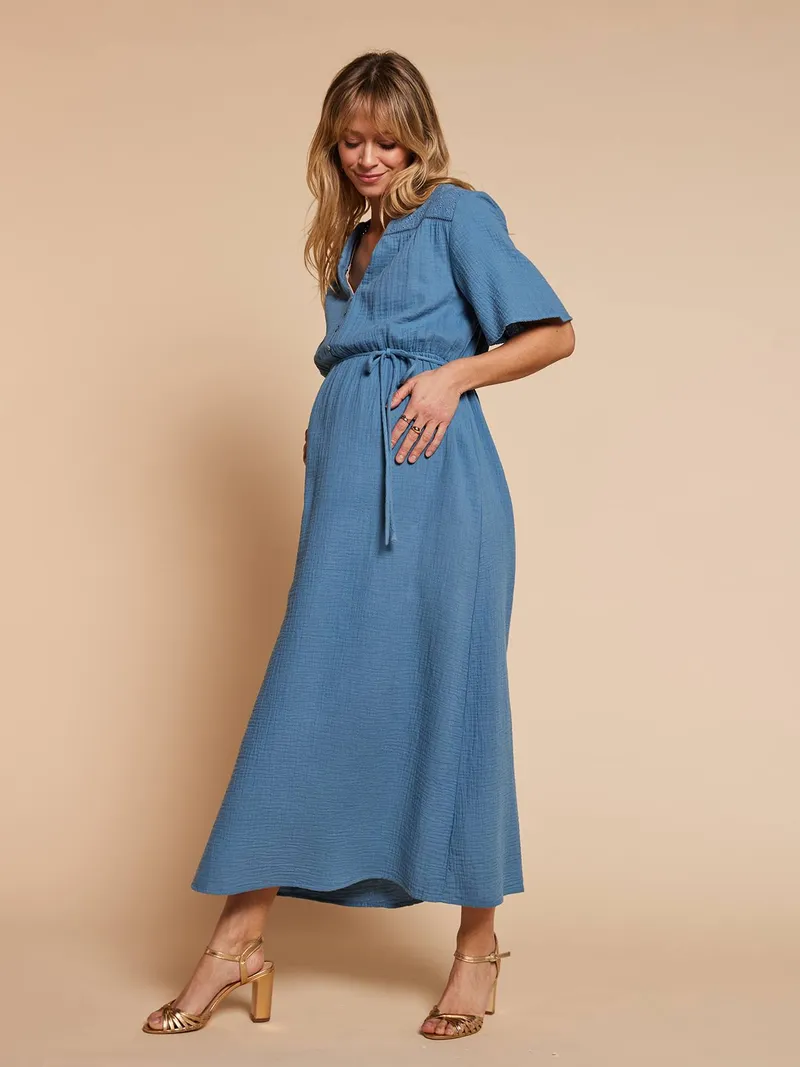 Envie De Fraise Maxikleid aus Musselin für Schwangerschaft und Stillzeit ENVIE DE FRAISE, Jeansblau, – Produktbild 1 von 4
