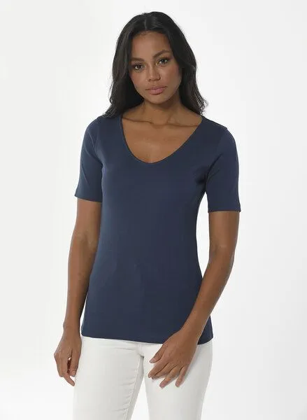 ORGANICATION ORGANICATION Geripptes T-Shirt aus Bio-Baumwolle mit V-Ausschnitt, Blau(navy), – Produktbild 1 von 4