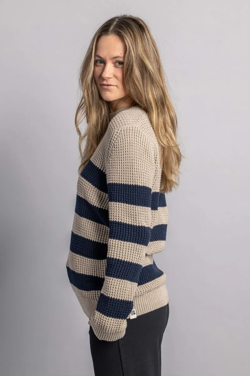 DIRTS DIRTS Herren vegan Strickpullover Mit Rundhalsausschnitt Gestreift Navy/Desert Beige, Beige, – Produktbild 2 von 2