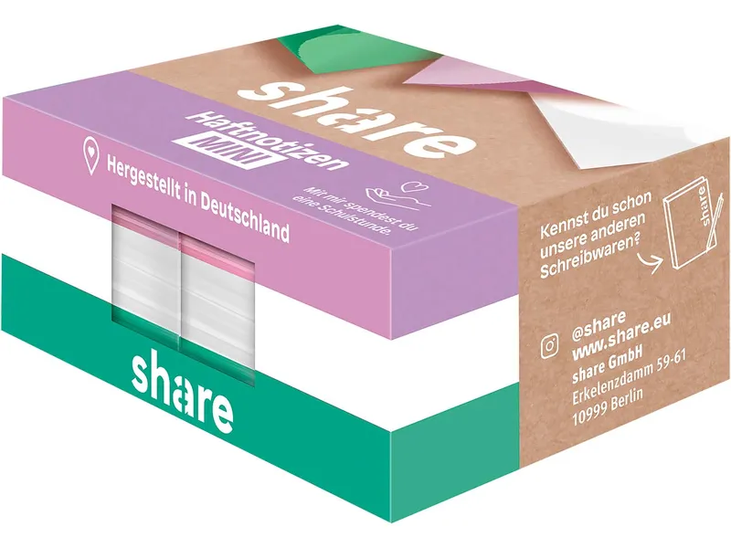 Share share Haftnotizen 50 x 40 mm, 4 x 100 Blatt, farbig sortiert – Produktbild 1 von 1
