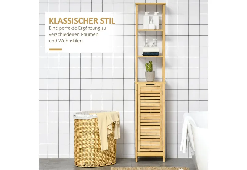 kleankin kleankin Badkommode Badschrank Hochschrank mit 3 offenen Fächer und 1 Schrank, Bambus (Badmöbel, 1 St., Badezimmerschrank), Natur 34 x 30 x 173 cm, Beige, – Produktbild 3 von 4
