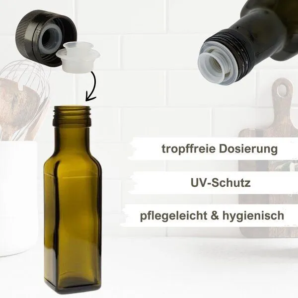 mikken mikken 6er Set Ölflaschen 100 ml - 750 ml mit Ausgießer braune / grüne Glasflasche mit Dosierer Dosierflasche inkl. 6 Etiketten – Produktbild 2 von 3
