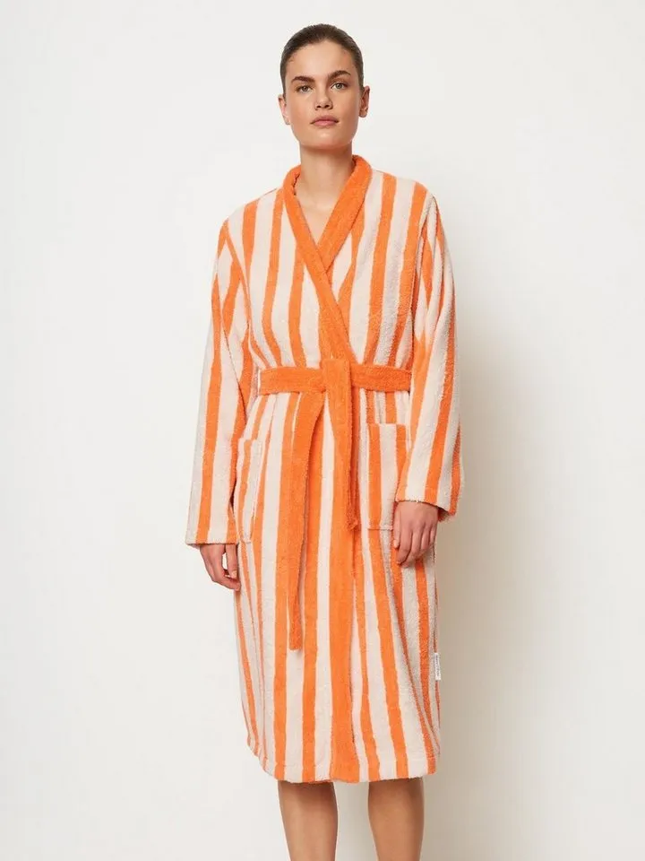 Marc O'Polo Home Damenbademantel Heritage Women, Midilänge, Baumwolle, Schalkragen, Gürtel, Jacquard-Streifen, Orange, – Produktbild 2 von 4