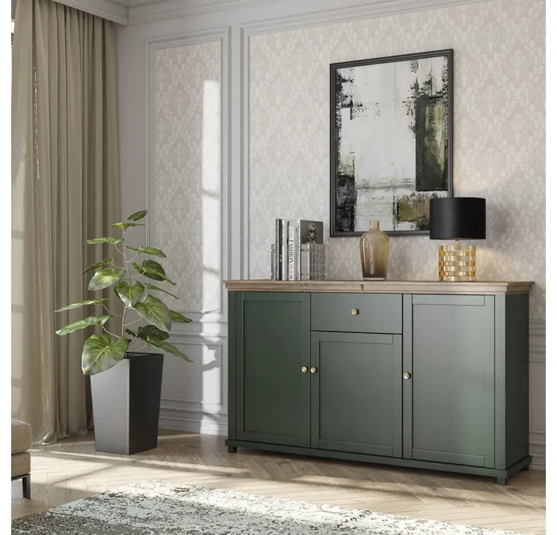 Lomadox Sideboard EPSOM-83, grün mit Lefkas Eiche Nb. Knopfgriffe messingfarben 160/93/42 cm, Grün, – Produktbild 4 von 5