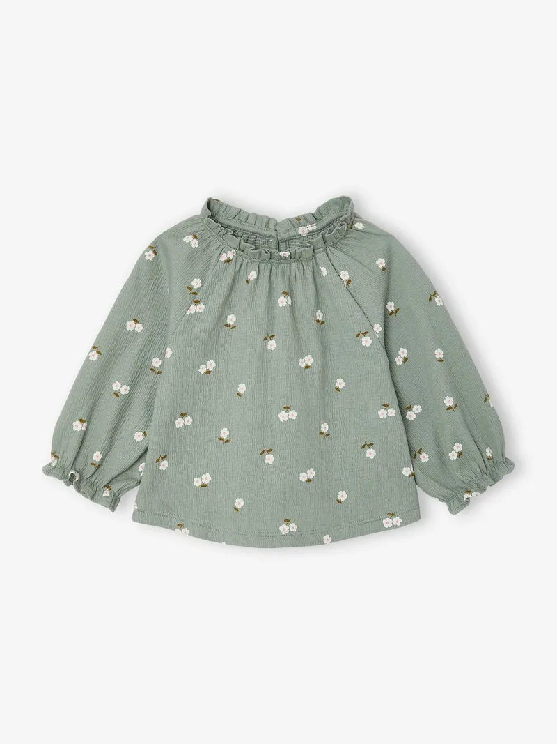Vertbaudet Baby Shirt mit Rüschenkragen, Salbeigrün geblümt, – Produktbild 3 von 4