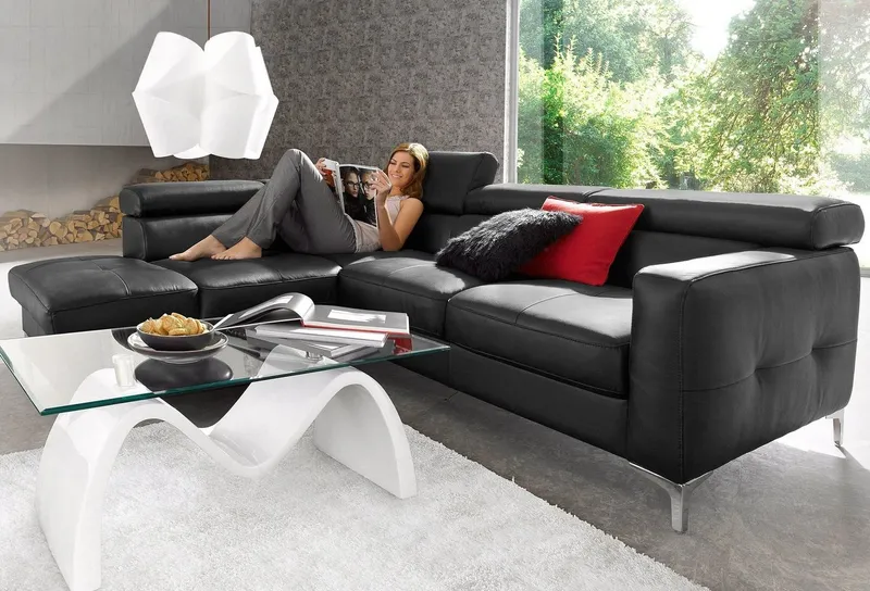 COTTA Polstergarnitur Sammy L-Form, (Set), Set bestehend aus: Ecksofa mit Kopfteilverstellung & Hocker, Schwarz, – Produktbild 4 von 5