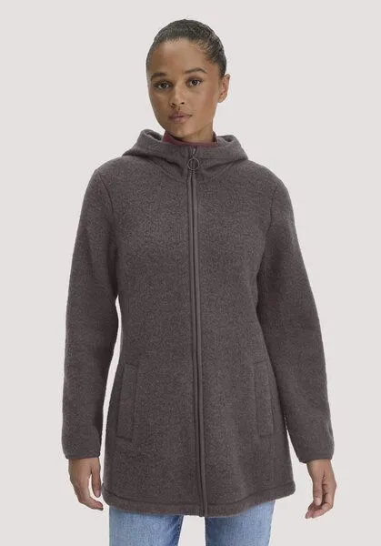 hessnatur hessnatur Wollfleece-Jacke mit Kapuze Regular aus reiner Bio-Merinowolle, Dunkles mauve, – Produktbild 1 von 4