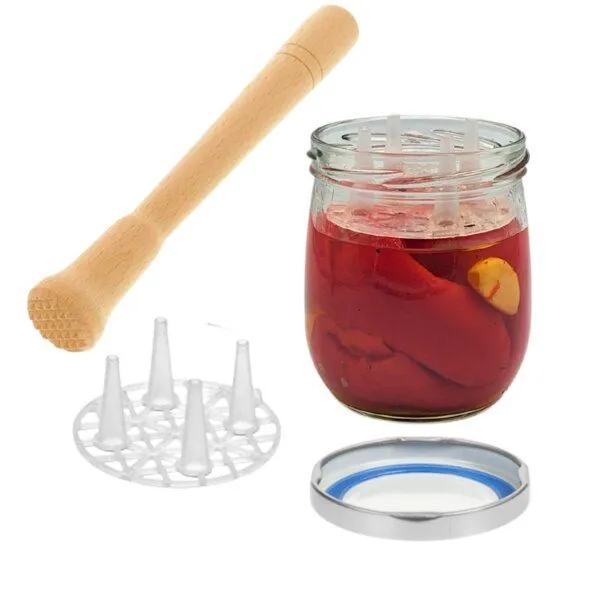 mikken mikken Fermentier Set - 4 Einmachgläser 415 ml mit Fermentier Gitter, Holzstößel und Deckel (PVC-frei) – Produktbild 3 von 4