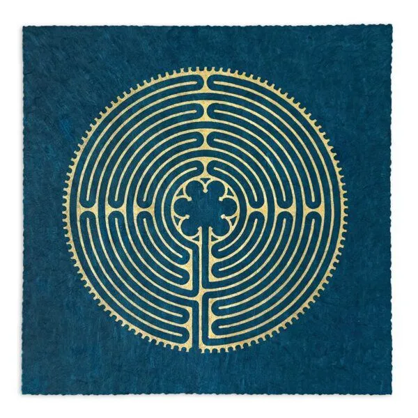 Veskor Cassiopeia Veskor Cassiopeia LABYRINTH VON CHARTRES der Kathedrale Notre-Dame Linoldruck | 22 × 22 cm | Petrol-Blau, Gold, – Produktbild 1 von 3