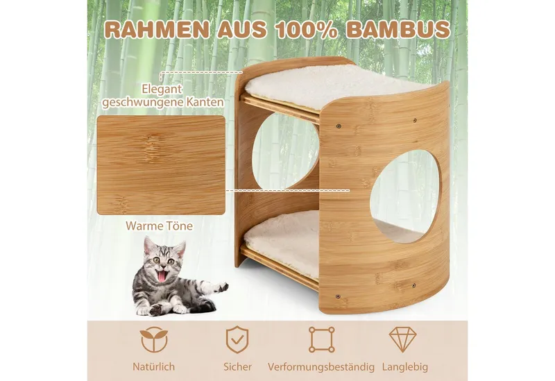 COSTWAY COSTWAY Tierbett, 2 Etagen Katzenhaus, mit 2 Betten, aus Bambus – Produktbild 3 von 5