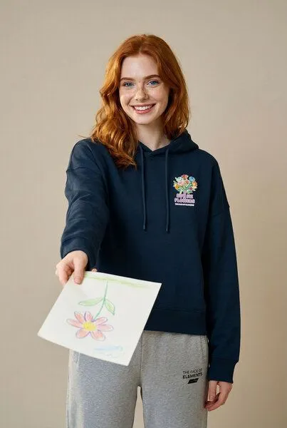 THE FACE OF ELEMENTS The Face of Elements Buy Me Flowers - Relaxed Boxy Fit Hoodie aus 100% Bio-Baumwolle, Navy blue (blau), – Produktbild 2 von 4