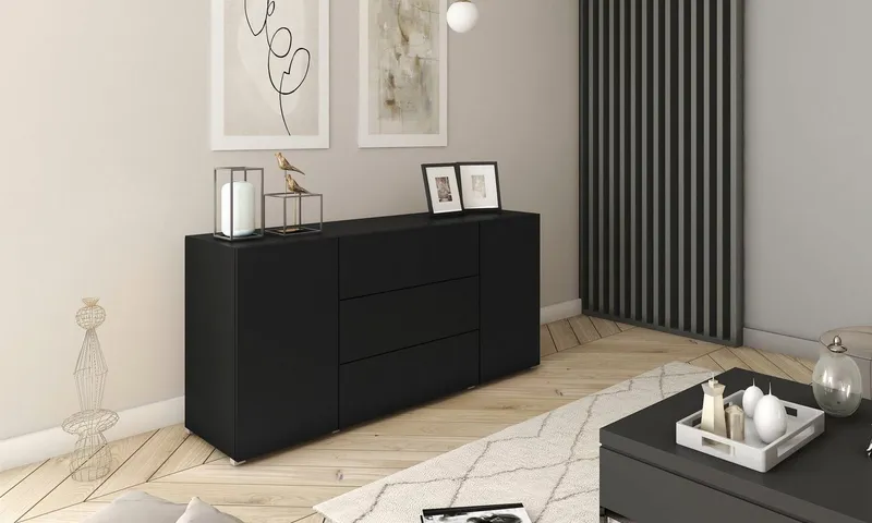 Home affaire Sideboard BERLIN, Moderne grifflose Kommode Breite 150 cm, 4 Schubkästen/ 2 Türen, Schwarz, – Produktbild 1 von 5