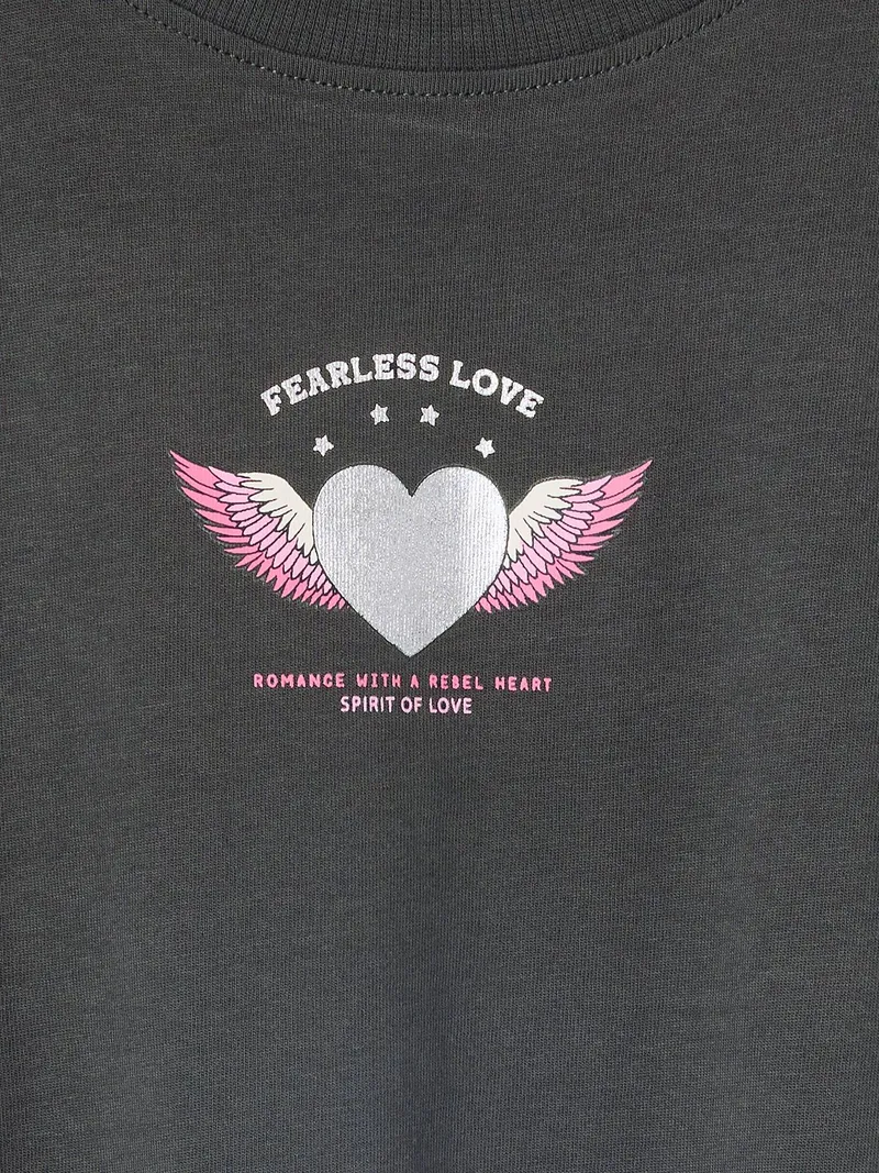 Vertbaudet Bedrucktes Mädchen T-Shirt, Anthrazit herz, – Produktbild 2 von 2