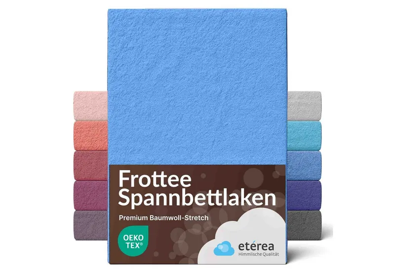 etérea Himmlische Qualität Spannbettlaken etérea Frottee Spannbettlaken 90x200 - 200x220 cm, Baumwolle, Gummizug: rundum, (1 Stück), Blau, – Produktbild 1 von 5