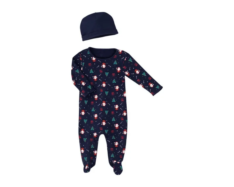 Poco Piano Body Baby Body Set 2-tlg Kleinkinder Pyjama (Bekleidungs-Set, 2-tlg., 2-teilig, bestehend aus Body + Mütze) festliches Design, ideal für Weihnachten, Navy, – Produktbild 1 von 1