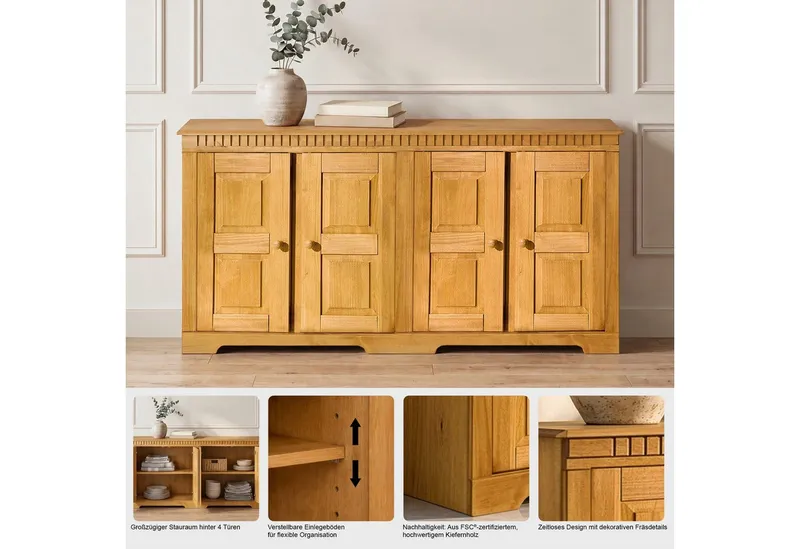 OTTO home Sideboard Lisa Kommode mit dekorativen Fräsungen und verstellbaren Einlegeböden, Kiefernholz mit 4 Türen und 2 verstellbaren Einlegeböden, Knopfgriffe, Weiß, – Produktbild 2 von 5