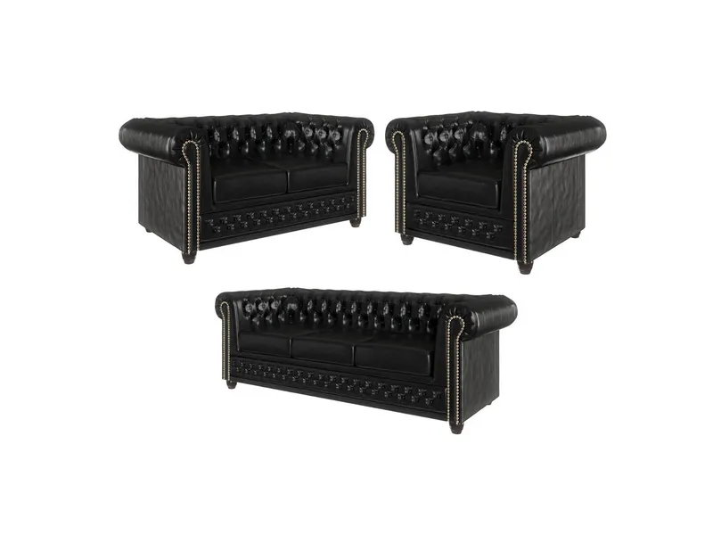 S-Style Möbel Polstergarnitur Chesterfield Jeff 3+2+1 aus veganem Leder mit Holzfüßen, (1x 3-Sitzer-Sofa, 1x 2-Sitzer-Sofa, 1x Sessel), mit Wellenfederung, Schwarz, – Produktbild 1 von 4