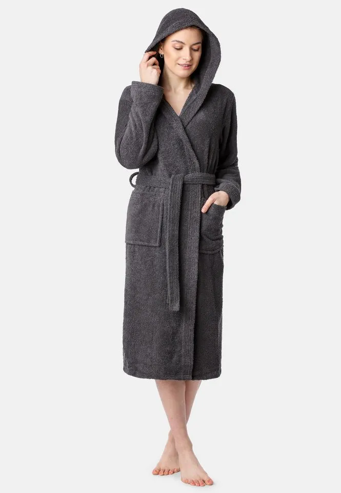 Ladeheid Bademantel Damen Frottee Bademantel aus 100% Bio- Baumwolle LA40-225, Langform, Baumwolle, Kapuze, Grau, – Produktbild 4 von 5