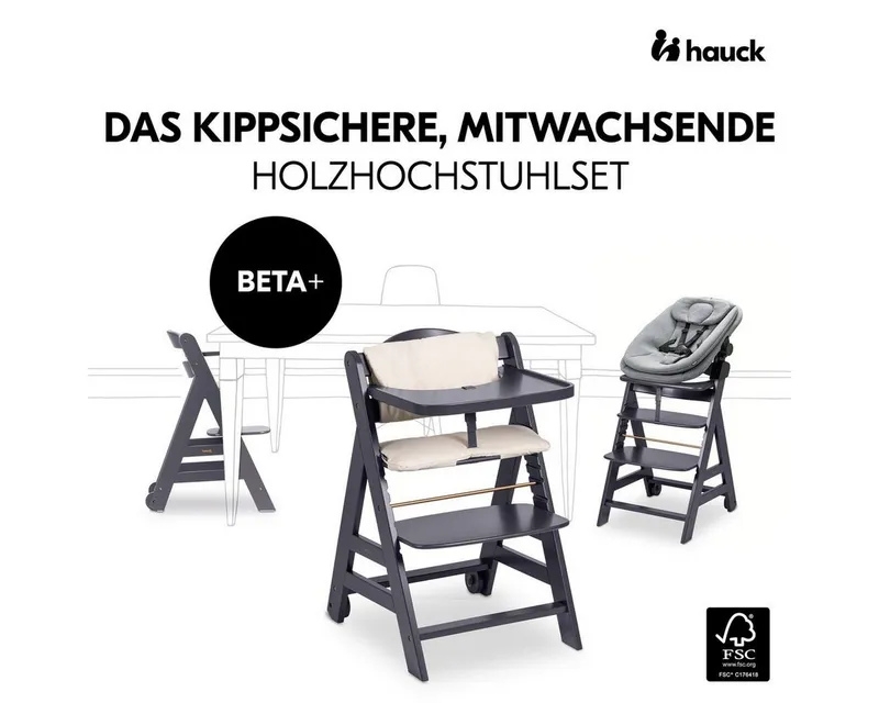 Hauck Hauck Hochstuhl Beta Plus Dark Grey Newborn Set 3in1 Bouncer (Set), Holz Babystuhl ab Geburt mit Neugeborenensufsatz, Sitzkissen, Essbrett, Grau, – Produktbild 3 von 5