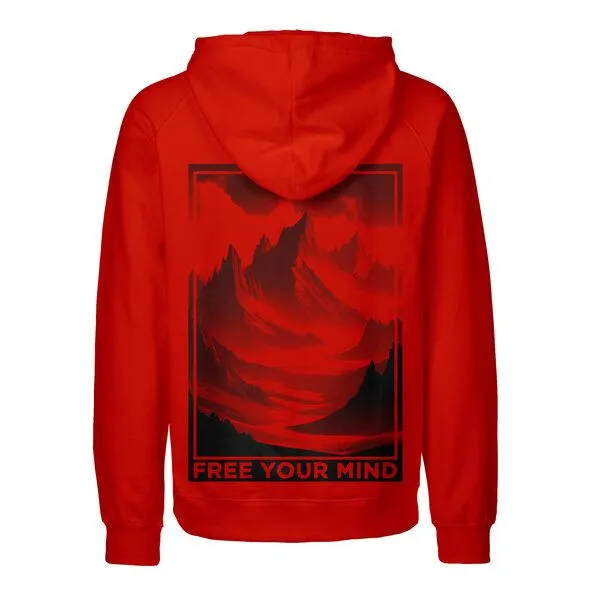 HANDGEDRUCKT HANDGEDRUCKT "Free Your Mind" Männer Hoody aus reiner Biobaumwolle (kbA), Rot, – Produktbild 1 von 3