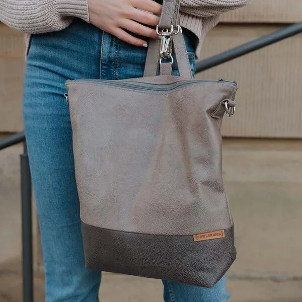 BOWLEANIES TASCHEN BOWLEANIES TASCHEN 2-in-1 Rucksacktasche aus Lederfaserstoff, Hellgrau & dunkelgrau, – Produktbild 2 von 4