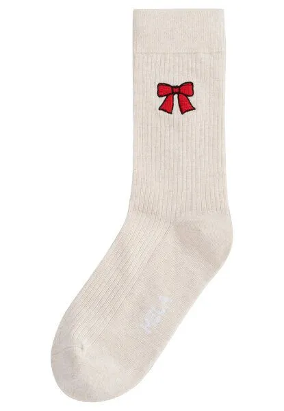 MELA MELA Gerippte Socken Stickerei 1 Paar aus 100% Bio-Baumwolle, Cream melange / bow, – Produktbild 2 von 4