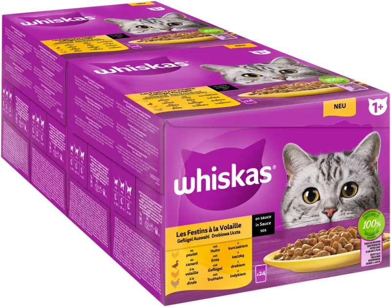 Whiskas Whiskas Portionsbeutel Multipack Vorratspack 1+ Geflügel Auswahl in Sauce 24 x 85g – Produktbild 1 von 1
