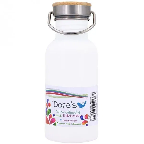 Dora's Dora's Dora’s Retro-Edelstahlflasche (500ml) Einwandig & Leicht + Bambus-Deckel, Weiss, – Produktbild 1 von 4