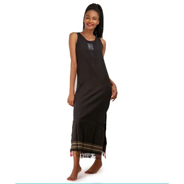 Africulture Africulture Kikoy Sommerkleid lang, "Mwezi" mit Afrikanischem Stickmuster, Schwarz, – Produktbild 1 von 1