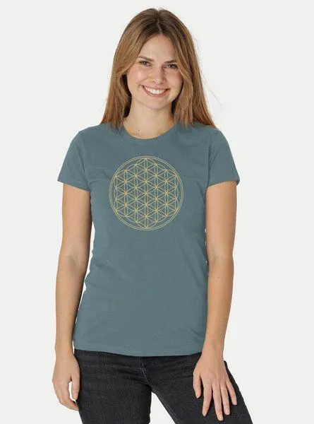 Peaces.bio - handbedruckte Biomode Peaces.bio - handbedruckte Biomode Bio-Damen-T-Shirt Die Blume des Lebens, Blaugrün, – Produktbild 2 von 2