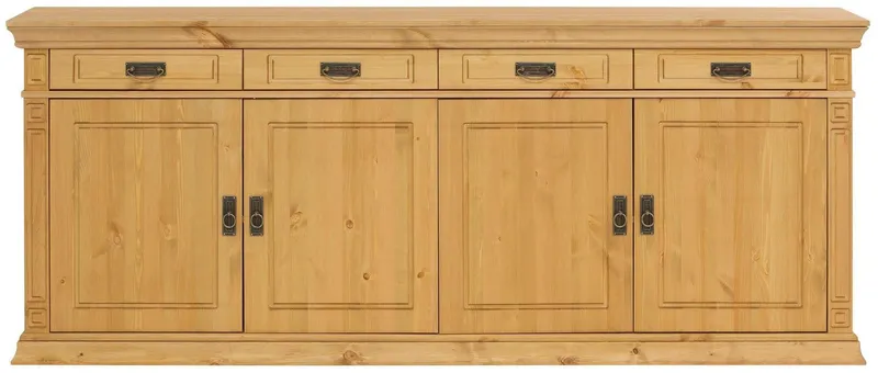 OTTO home Sideboard Vinales, Kommode, 4 Schubkästen, 4 Türen, 4 Fächer (B/T/H:202/39/83 cm), Massivholz, Messinggriffe im Jugendstil, Zierleisten, eleganter Sockel, Beige, – Produktbild 4 von 5