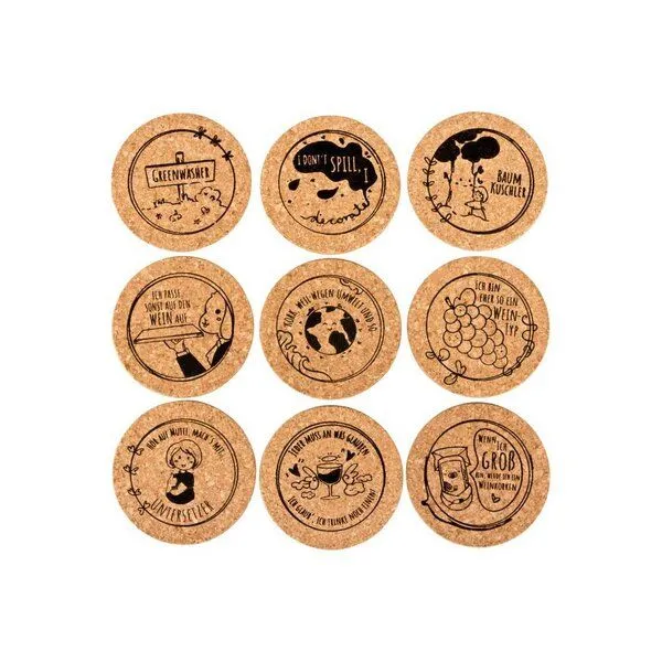 Kork-Deko Kork-Deko Spaßige und lustige Untersetzer aus Kork für Gläser und Tassen | 9er-Set | Ø = 9 cm – Produktbild 1 von 5