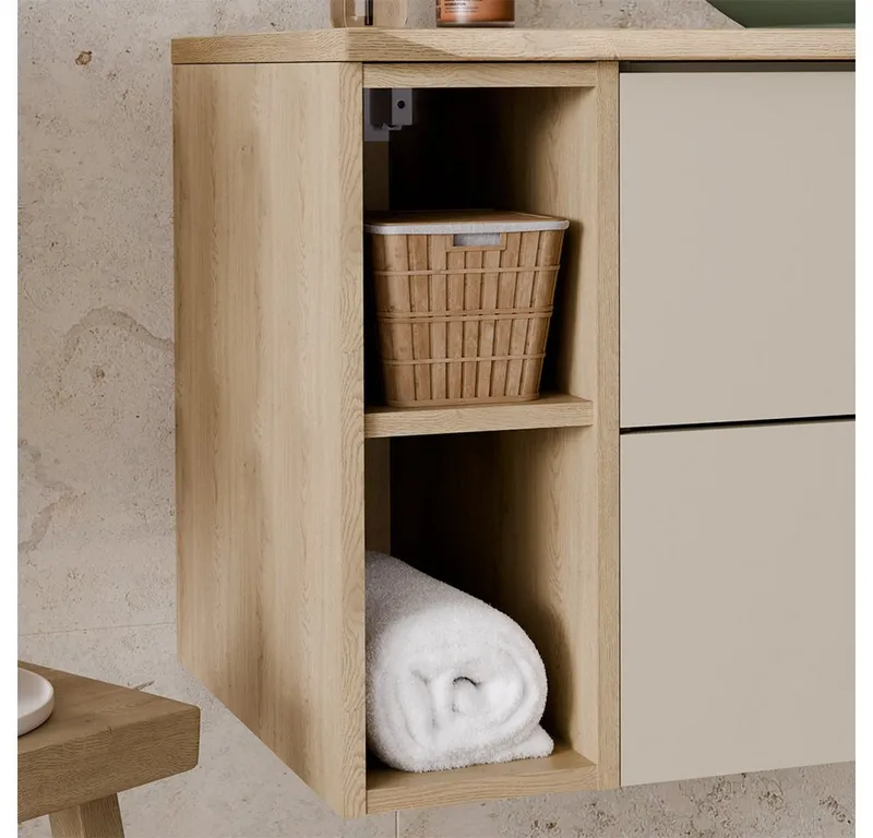 Lomadox Waschbeckenschrank DURANGO-56 100 cm breit in Kaschmir und Eiche mit Baumkantenoptik, Weiß, – Produktbild 2 von 5