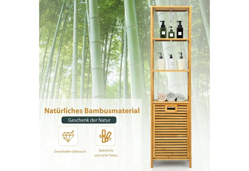 COSTWAY COSTWAY Hochschrank Badregal Bambus mit Wäschesammler 40x33x160cm, Beige, – Produktbild 5 von 5