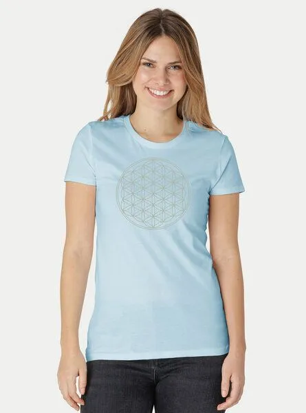 Peaces.bio - handbedruckte Biomode Peaces.bio - handbedruckte Biomode Bio-Damen-T-Shirt Die Blume des Lebens, Hellblau, – Produktbild 2 von 3