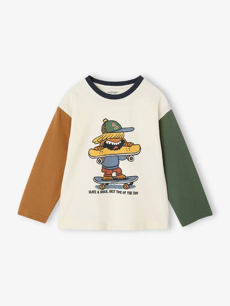 Vertbaudet Shirt mit kontrastfarbenen Ärmeln und Print Jungen, Wollweiß, – Produktbild 2 von 3