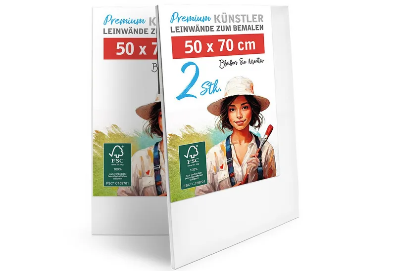 M MERCEO Leinwand Künstlerleinwand 50x70cm 2er Set - Weiße Leinwand zum Bemalen, 2er-Set Leinwand 50x70cm (zum Bemalen, Baumwolle, Keilrahmen, Weiß, – Produktbild 1 von 5