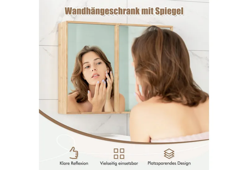 COSTWAY COSTWAY Spiegelschrank Bambus, mit 2 Türen, 2 verstellbaren Regalen, 65cm, Beige, – Produktbild 4 von 5