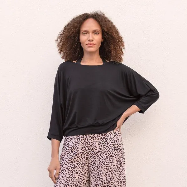 Jaya Jaya FRIDA - ¾ Shirt im lässigen loose Fit Style aus elastischem Tencel-Biobaumwoll-Mix, Black/schwarz, – Produktbild 3 von 4
