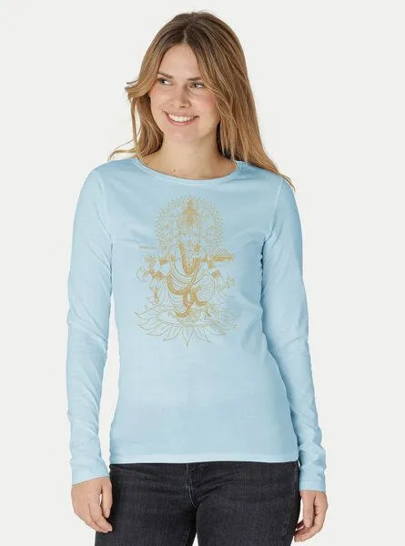 Peaces.bio - handbedruckte Biomode Peaces.bio - handbedruckte Biomode Bio-Damen-Langarmshirt Ganesha, Hellblau, – Produktbild 1 von 2