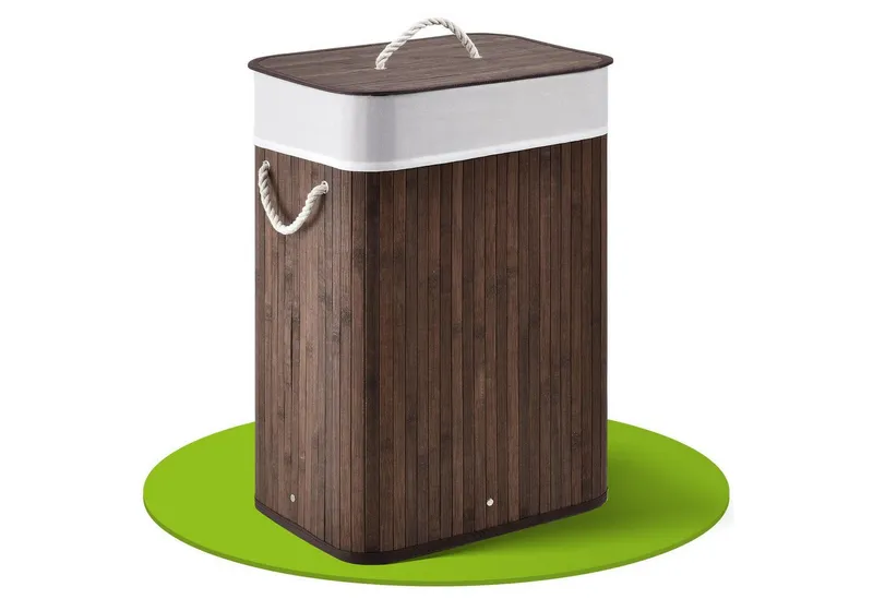 Juskys Wäschekorb Curly 72 L in Braun aus Bambus mit Deckel & waschbarem Wäschesack, Wäschesammler für 2 Personen, faltbar mit Griffen, 40 x 30 x 60 cm, Braun, – Produktbild 1 von 5