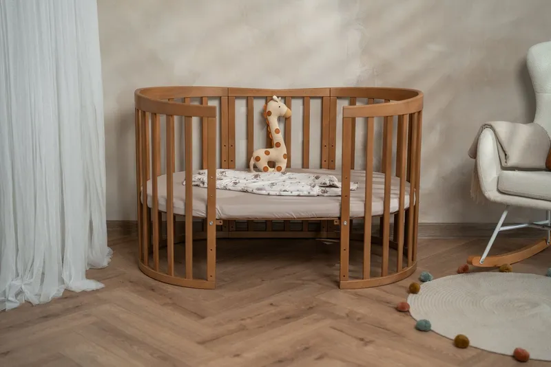 Waldin Waldin Babybett Oval 7in1 mitwachsend, Beistellbett, Matratze, Rollen, Buche, Vintage, Braun, – Produktbild 5 von 5