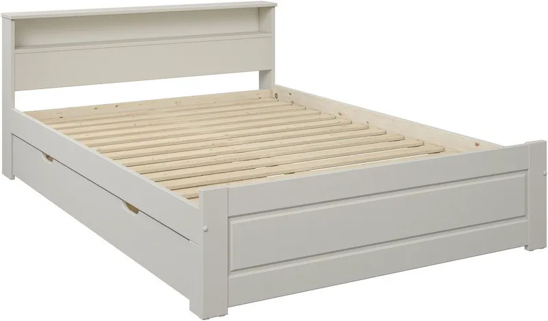 OTTO home Massivholzbett FLAVION, Jugendbett, Stauraum, FSC® zertifizierte Kiefer (Breite: 90, 140, 180), Qualitätsprodukt, Regal, Kassettenoptik, Schublade optional, Beige, – Produktbild 2 von 4