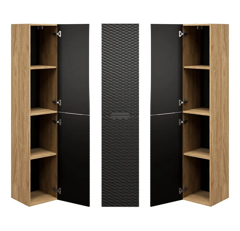 Lomadox Badmöbel-Set OLUO-56-BLACK, (Spar-Set, 4-St., Hochschrank LED-Spiegel Doppelwaschtisch), mit 120cm Waschtisch, Eiche mit schwarz, 3D-Oberfläche, Schwarz, – Produktbild 4 von 5